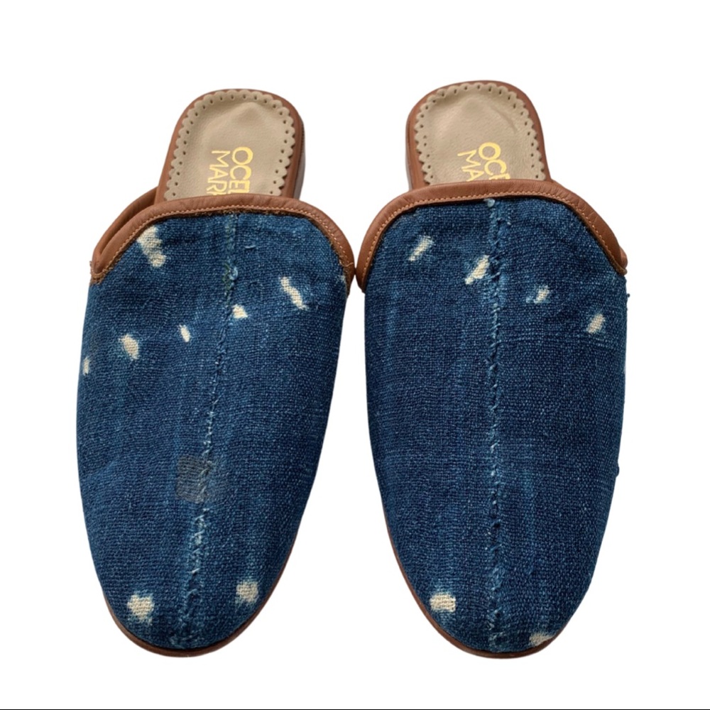 Distressed Denim Slip-On Mules in Dark Blue